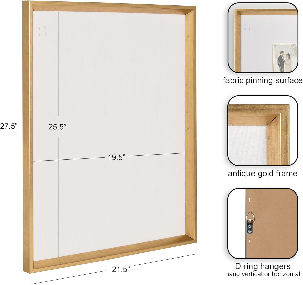 Kate and Laurel Calter Framed Linen Fabric Pinboard, 21.5x27.5, Gold
