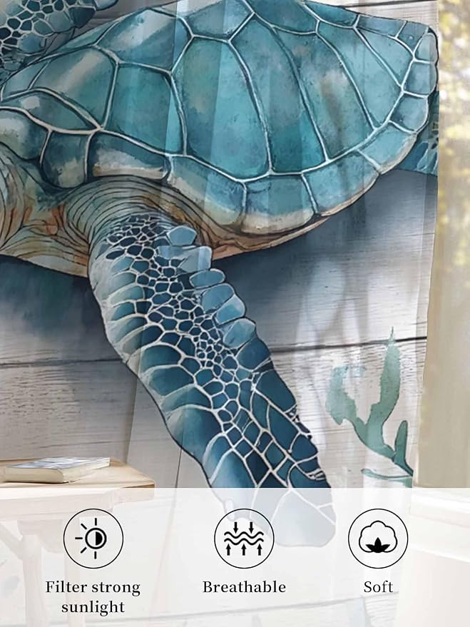 Sheer Curtains 96 Inches Long, Teal Green Sea Turtle Semi Sheer Curtains Light