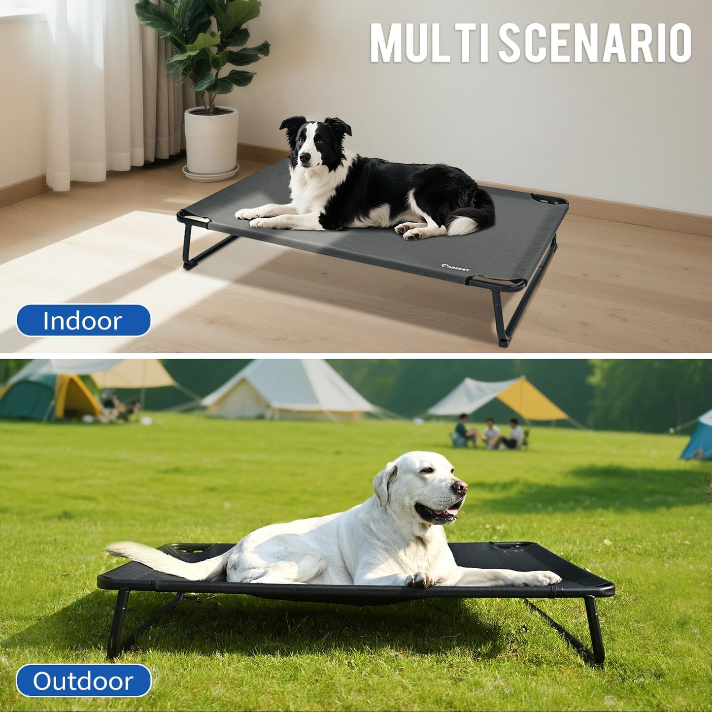 Cooling Elevated Dog Bed, Raised Outdoor Dog Bed Waterproof Pet Beds Cots Stable and Easy Assembly, Teslin Fabric with 1.2mm Thick Iron Frame, Breathable, Ultra-Sturdy，Black, 48 * 32 * 8.7
