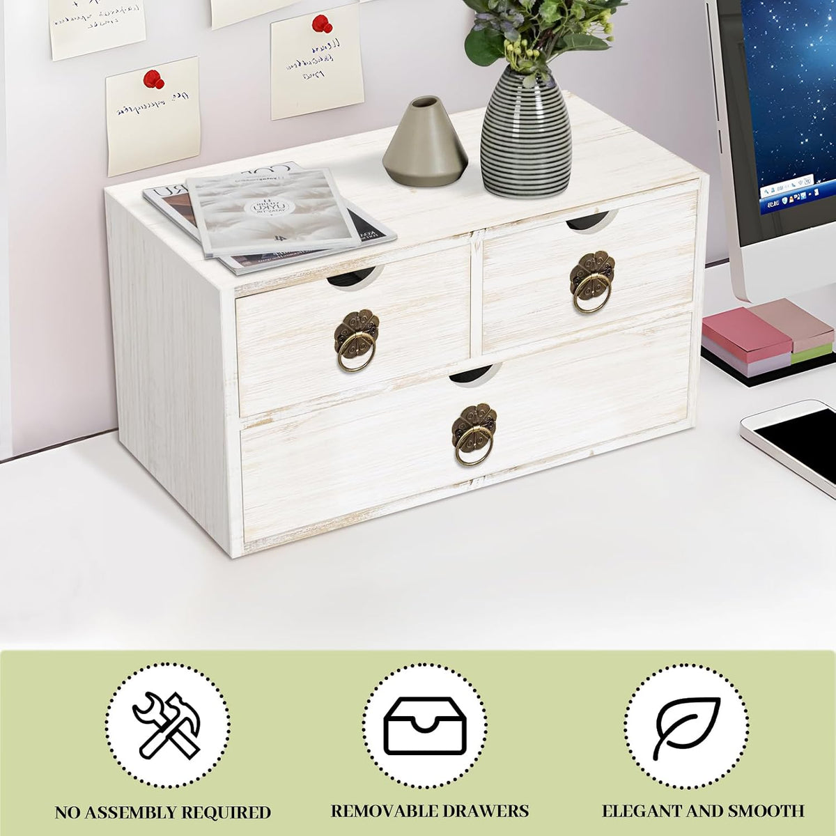 Wood Desk Organizer with Drawer, White Wooden Desktop Organizer, Tabletop Storage Organization Box for Countertop, Home Office Supplies (3 Drawer)