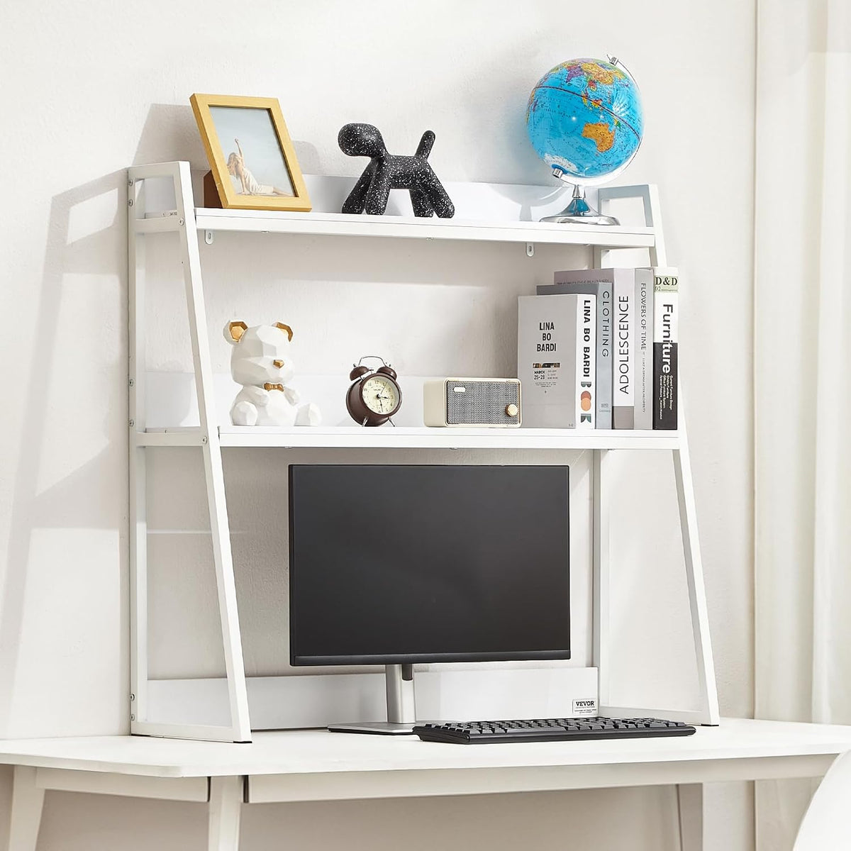 VEVOR Desktop Bookshelf, 2-Tier Desktop Storage Organizer, 37.4" x 12.6" x 35.4" Office Desk Storage Rack Display Shelf, Desktop Bookshelf Hutch with Anti-Slip Feet Pads for Office, Home & Dorm, White