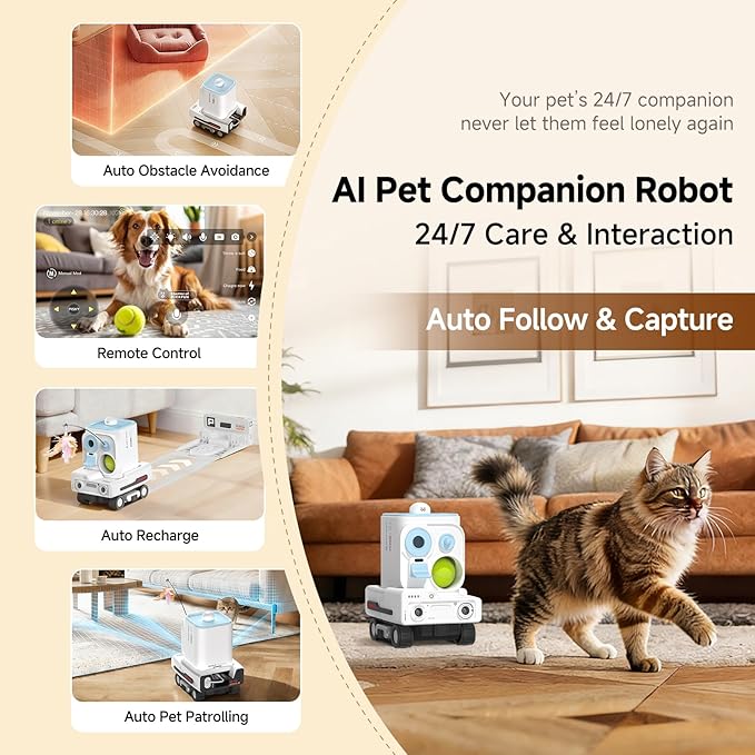 PMATE Self-Moving Pets Camera AI-Powered Rover with Auto Tracking & Patrol, 2K Live View, Night Vision, 2-Way Talk, and Auto-Recharge,(Blue)
