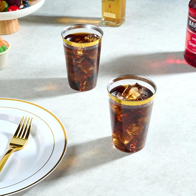 FOCUSLINE 200 Pack 12 oz Gold Rimmed Plastic Cups, Heavy-duty & Fancy
