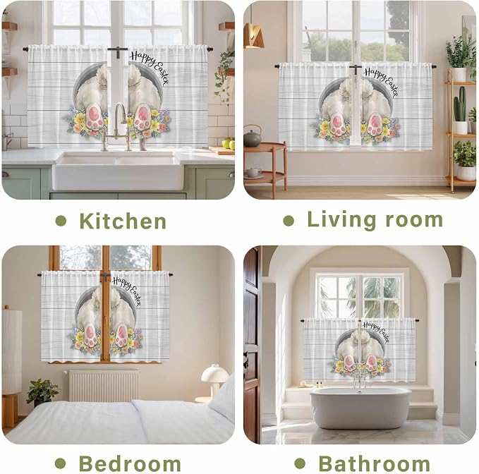 Easter Bunny Kitchen Tier Curtains 45 Inch Long 2 Panel Set, Rod Pocket Short