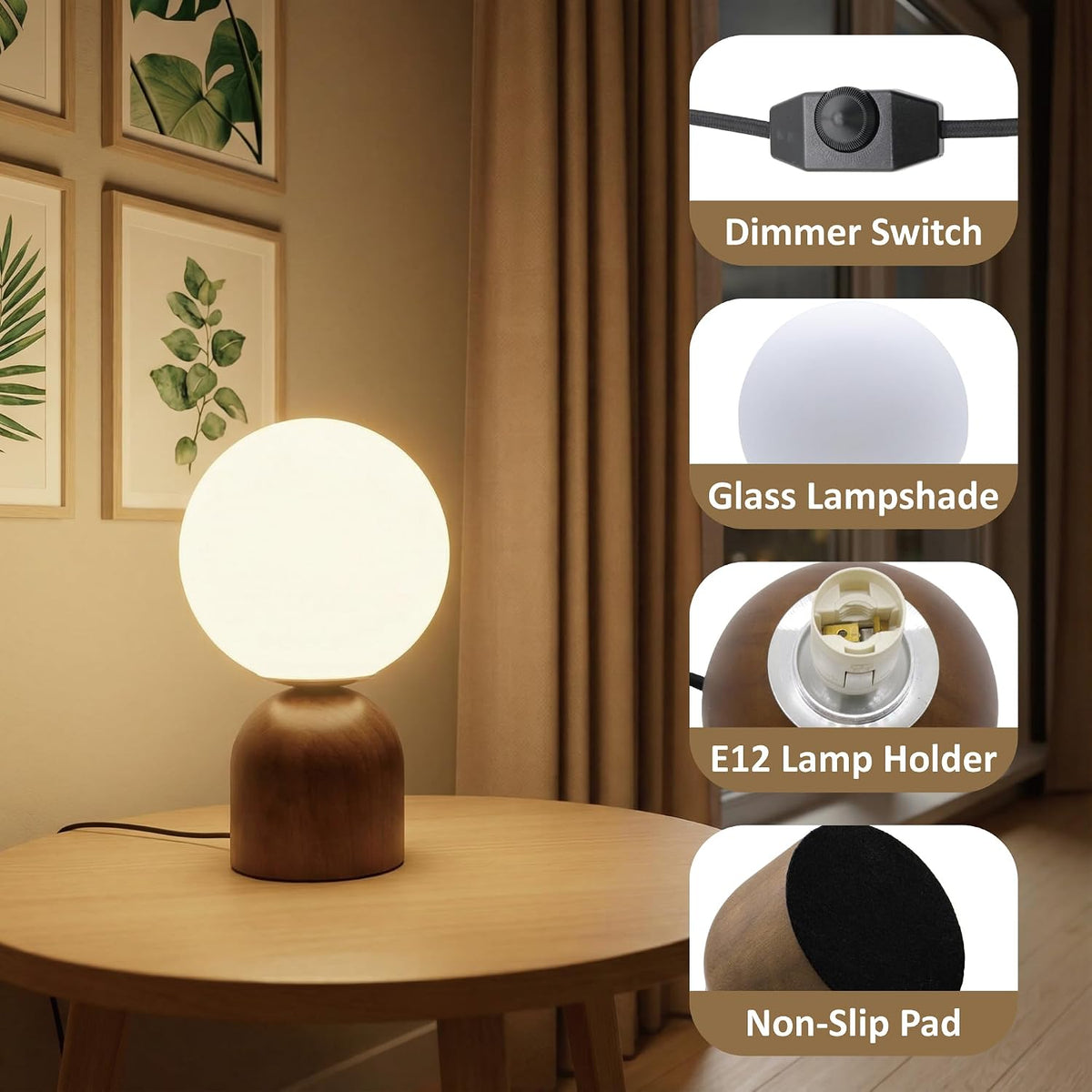 9.8" Dimmable Solid Wood Table Lamp with Opal Glass Globe Shade, Walnut