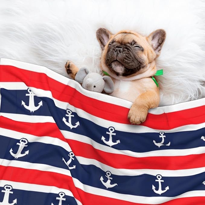 Reversible Pet Blanket for Sofa Protection Pet Comfort, Nautical Anchor Seamless Pattern Blue and Red Stripe, Double Sided Design with Cozy Nubby Nap Side and Durable Smooth Play Side
