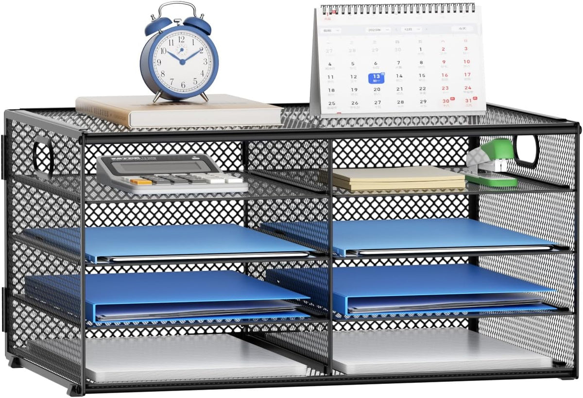 Lavatino 8 Compartments Paper Organizer for Desk, Mesh Literature Organizer, Mail File Sorter Tray with Handle, Desktop Mailbox for Office Classroom Home, Black