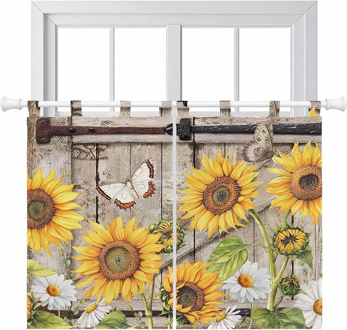 Farmhouse Sunflowers Kitchen Curtains 45 Inch Length, Short Cafe Window