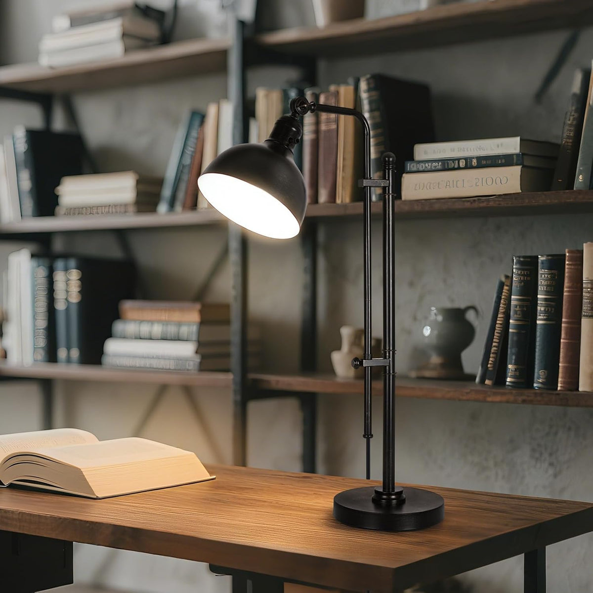 PARTPHONER Industrial Adjustable Desk Lamp for Home Office, Farmhouse Table lamp 29''-38'', Rustic Metal Task Desk Lamp in Aged Bronze Finish, Vintage Reading Lamp for Study Room，Black