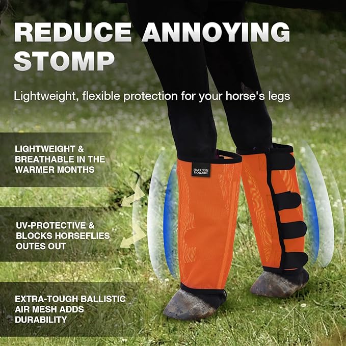 Harrison Howard Loose Fitting Fly Boots UV-Protective Extra Tough Mesh Ventilated Four Fasteners Stay-on Design Protect Horse Legs & Stomp-Reducing Set of 4 Orange Small