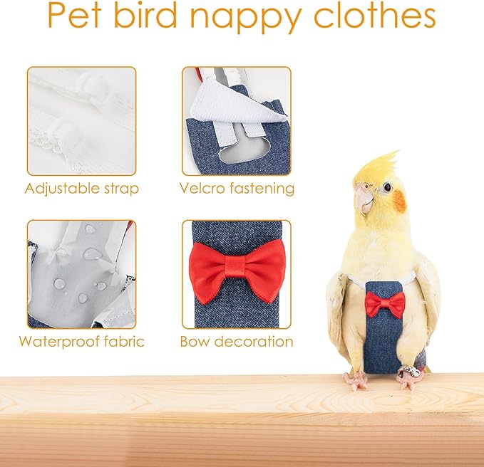 Parrot Clothes - Diaper Bird Flight Suit with Adjustable Straps and Training Rope (1PCS, Denim Blue, XL-Code)