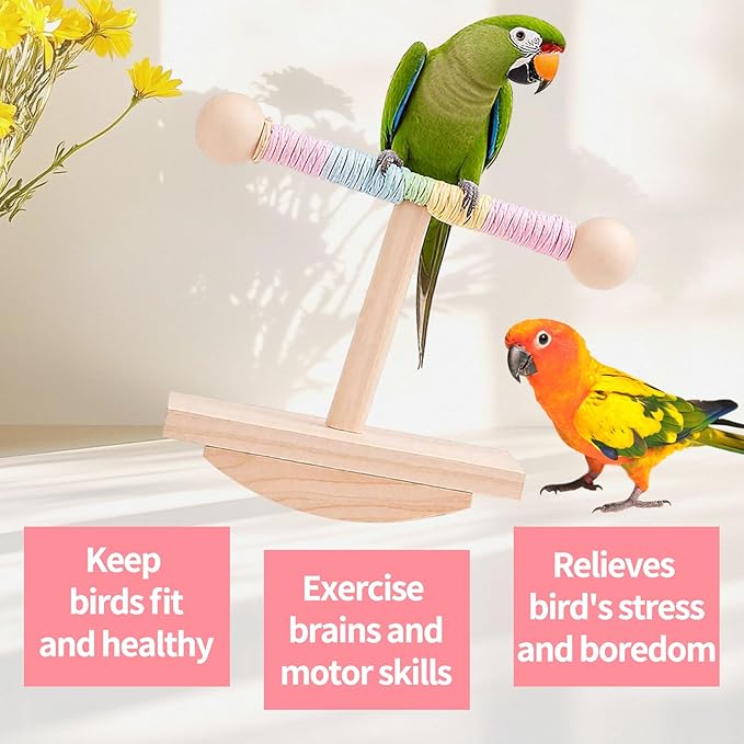Parakeet Toys, Natural Wood Bird Perch Stand Training, Intelligence Puzzle Enrichment Toys for Parakeets,Wood Stand Toy for for Parakeets Budgies Conures Lovebirds Cockatiels (B, M)