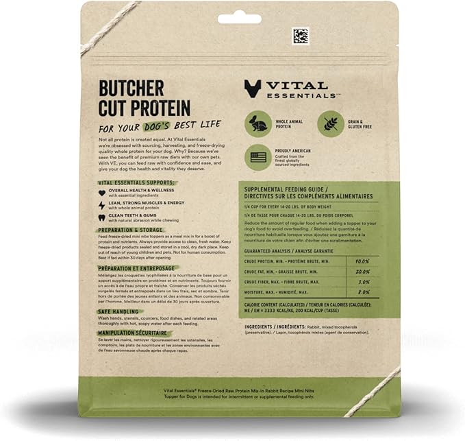 Vital Essentials Freeze-Dried Raw Protein Mix-in Dog Food Topper, Rabbit Mini Nibs Topper for Dogs, 18 oz