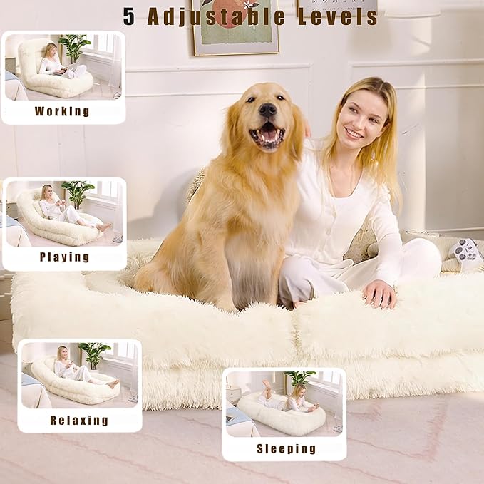 Adjustable 5-Position Human Dog Bed for People, Big Comfy Plush Floor Gaming Lazy Sofa Chair with Pillows & Back Support, Foldable Lounge Loveseat Couch for Living Room Bedroom (Beige)