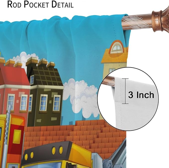 Kids Cartoon Construction Window Curtains, Funny Construction Site Cars and