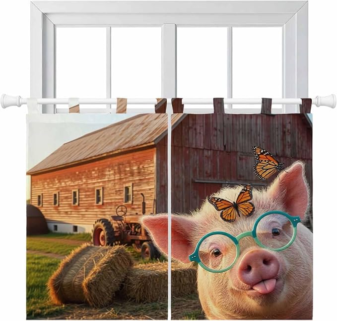 Farm Pig Kitchen Curtains 45 Inch Length, Short Cafe Window Curtains Tab Top