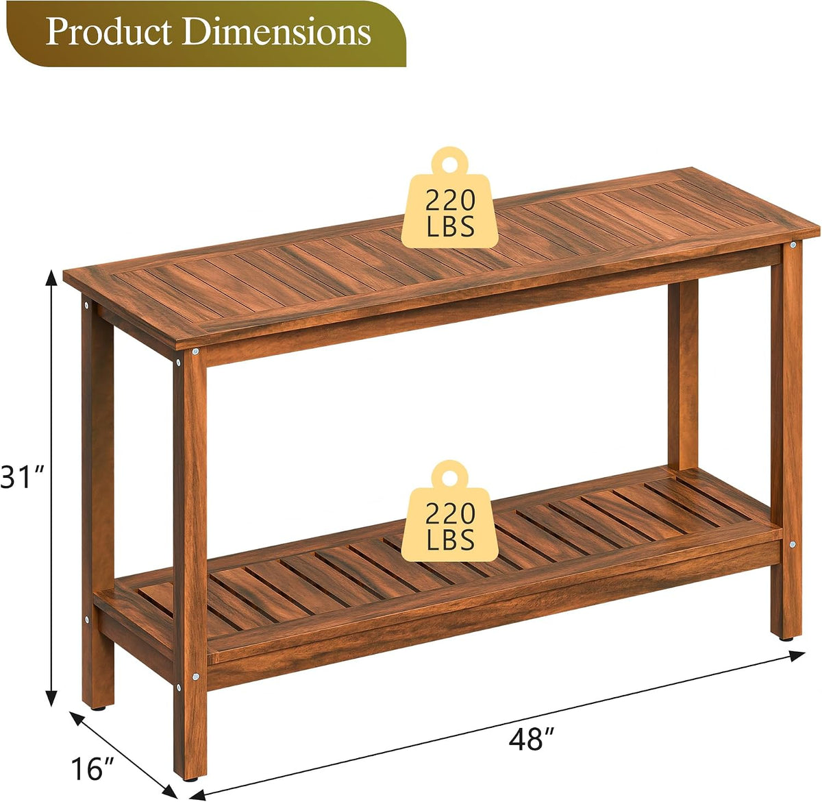 SUPER DEAL 2-Tier Solid Wood Side Table, Outdoor Console Table with Storage Shelf, Adjustable Feet Buffet Bar Organizer for Patio Porch, All-Weather, Natural
