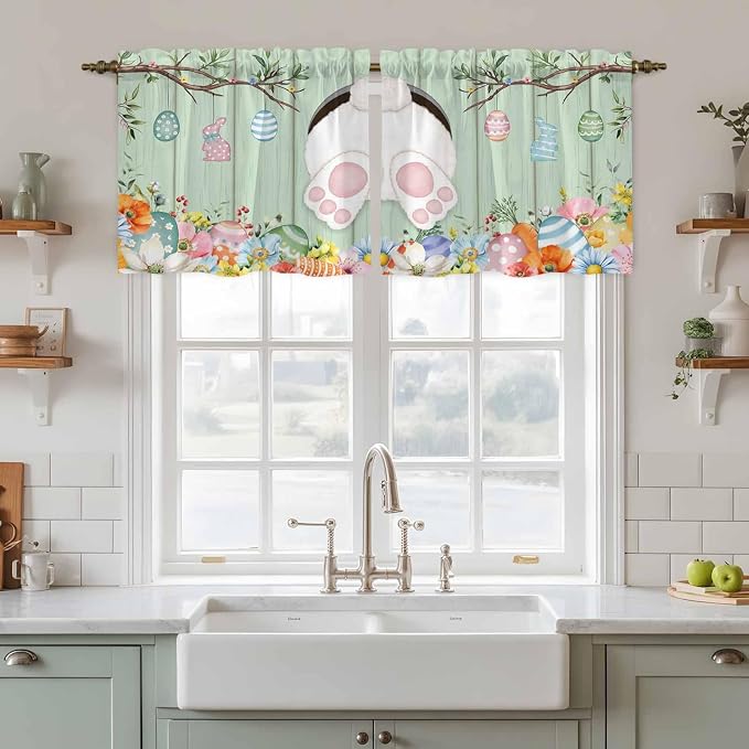 Easter Kitchen Tier Curtains 24 Inch Long 2 Panel Set, Rod Pocket Cafe Small