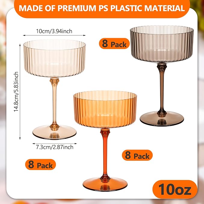 Jingmore 24 Pcs Ribbed Martini Glasses 10 oz Disposable Plastic Vintage Ribbed