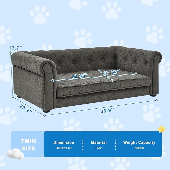 Dog Couch for Large Dogs, Elevated Durable Pet Sofa Bed, 24" W Comfortable Modern and Stylish Dog Sofa Couch with Dry Cleanable Fabric, Furniture for Medium & Large Breed (Dark Grey)
