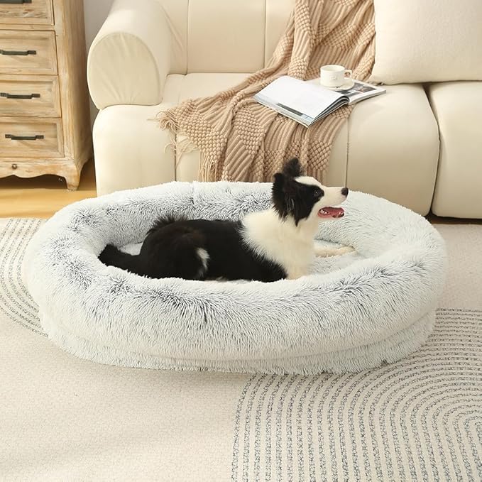 Glow Pups Calming Dog Bed, Memory Foam Bolster, Luxurious Faux Fur, Cozy Oval Design, Machine Washable Cover, Light Grey (41.3 x 29.5 x 9.8)