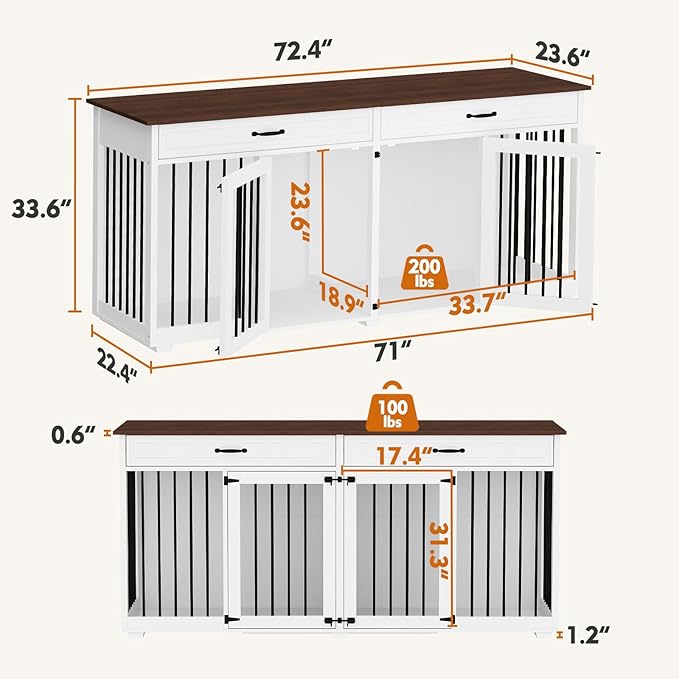 Furniture Style Dog Crate, 72" Large Wooden Dog Kennel with Drawers & Divider, Heavy Duty Indoor Dog Cage with Double Rooms for Large Medium Small Dogs, White