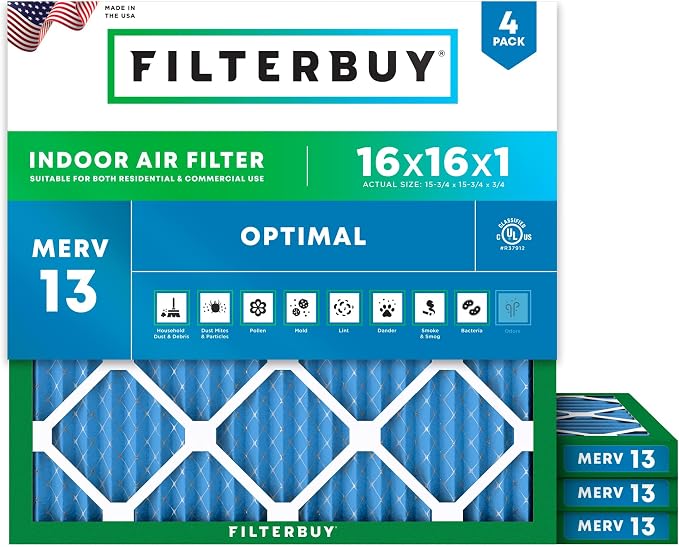 Filterbuy 16x16x1 Air Filter MERV 13 Optimal Smoke & Allergy Defense,