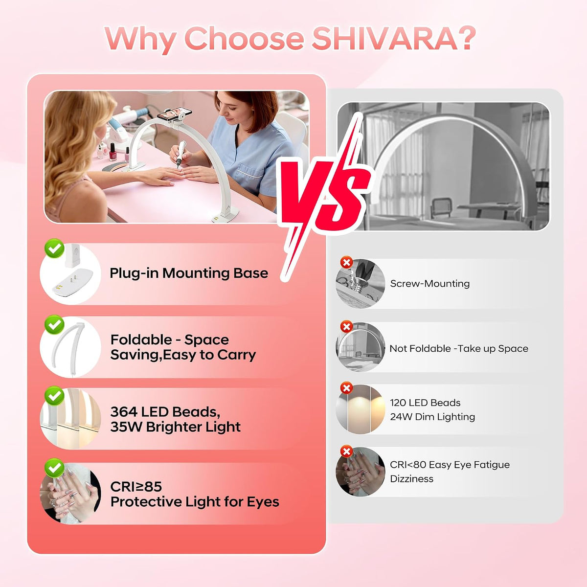 SHIVARA Nail Light for Desk, 29" Half Moon Light for Nail Desk, White