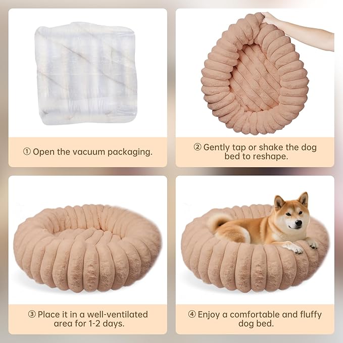 Donut Dog and Cat Bed, Luxurious Comfortable Faux Rabbit Fur Pet Beds, Round Anti-Anxiety Calming Puppy Kitten Bed with Anti-Slip Bottom for Small Medium Large Dogs & Cats(31", Brown)