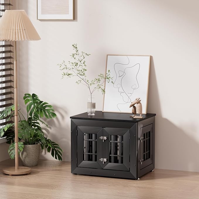 26" Heavy Duty Dog Crate Furniture for Small,Medium and Large Dogs,Rustic Wooden Dog Cage Kennel Indoor Furniture with Waterproof Top,Decorative Pet House Side End Table (Black)