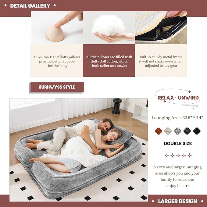 Extra Large Human Dog Bed for Adult & Pets, Convertible Floor Sofa Bed with 5 Adjustable Position, Lazy Couch Giant Bean Bag Lounge Chair Comfy Tatami with 3 Pillows for Bedroom Living Room (Grey)