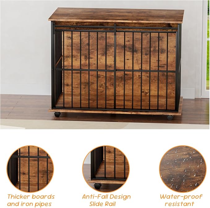 43.3" Dog Crate Furniture, Dog Kennel Indoor with Wheels for Large Medium Small Dogs, Wooden Dog Crate End Table with Sliding Door, Wooden Dog Kennel Furniture for Living Room, Bedroom
