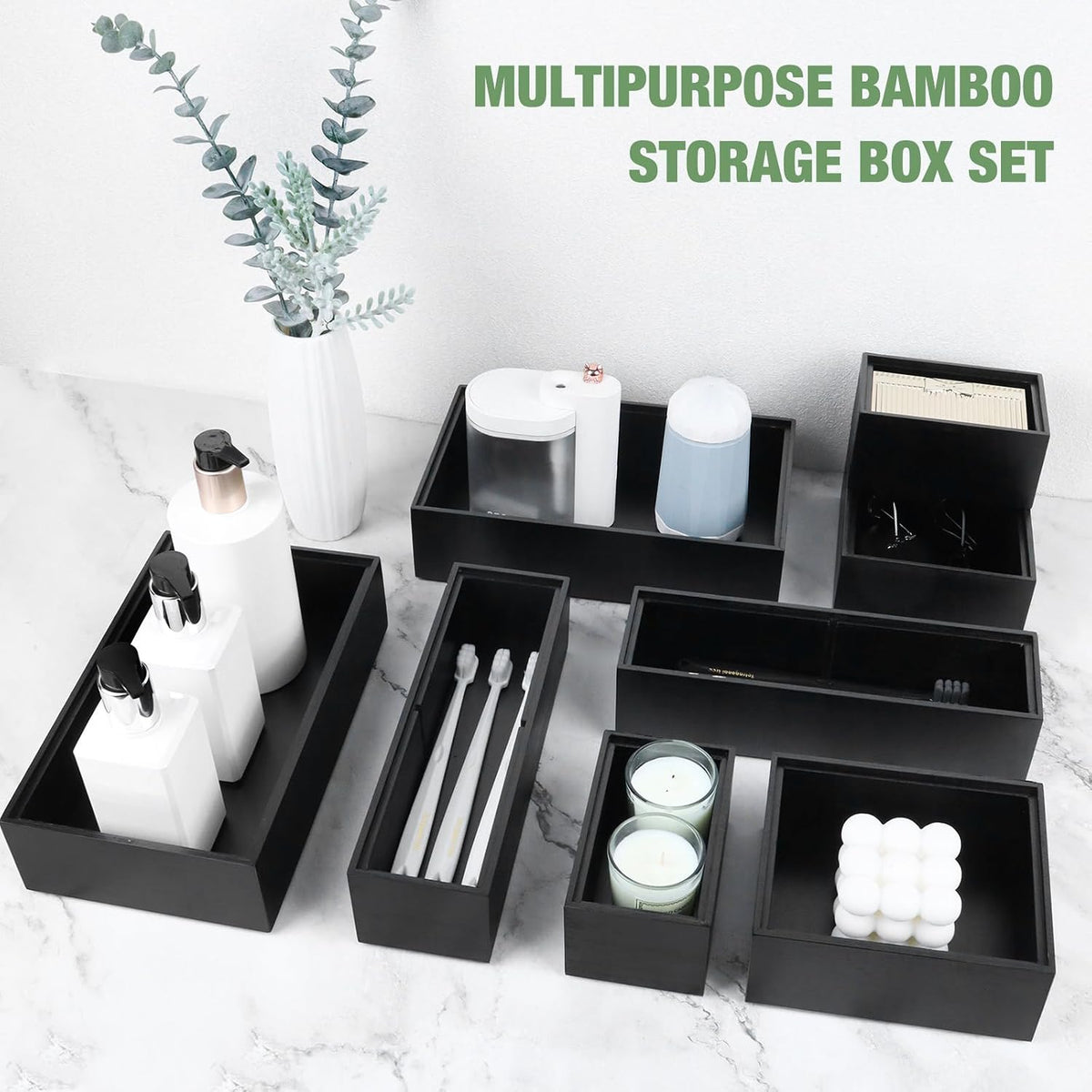 Bamboo Drawer Organizer Set, 8 PCS Black Multi-Use Drawer Storage Boxes, Junk Drawer Organizer Divider Bins for Bathroom, Kitchen, Office Desk, Makeup, Jewelry, Utensils