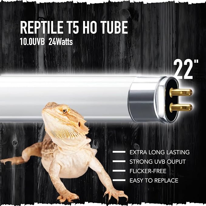 T5 Reptile 24W UVB 10.0 Tube, 2-Pack for Desert Reptiles & Bearded Dragons, 22''