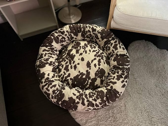Organic Cotton Canvas Dog Bed: Removable Cover, Natural Fill - Made in USA (Cow Print Brown White, X Small 18" x 6" inches)