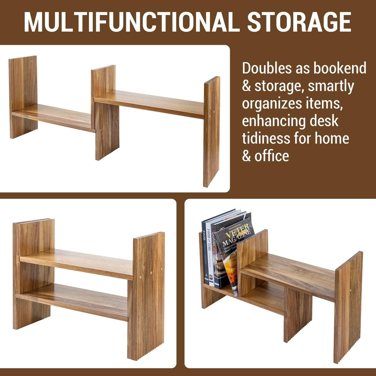 MyGift Premium Acacia Solid Wood Adjustable Desktop Book Shelf with Fluted Side Panels, Wooden Desk Storage Home Office Supplies Organizer, 2 Piece Shelves