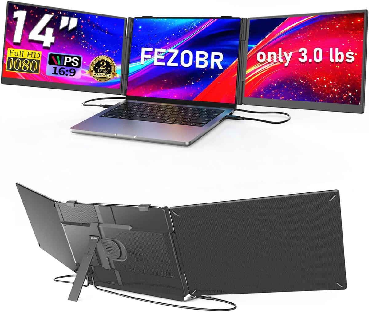 14" Triple Laptop Screen Extender, 1080P Ultra-Slim Portable Monitor