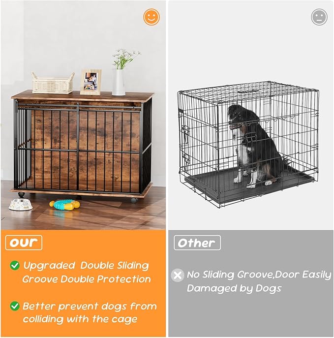 43.3" Dog Crate Furniture, Dog Kennel Indoor with Wheels for Large Medium Small Dogs, Wooden Dog Crate End Table with Sliding Door, Wooden Dog Kennel Furniture for Living Room, Bedroom
