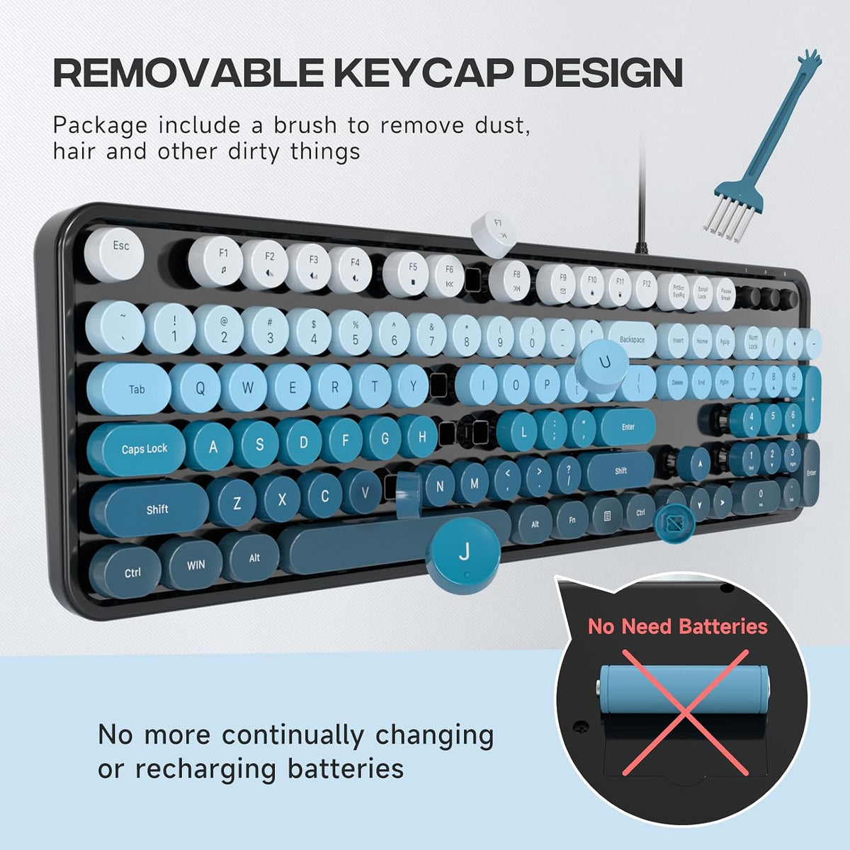 MOFII Computer Keyboards Wired, Plug Play USB Full Size Typewriter Keyboard, Cute Colorful Aesthetic Keyboard with Foldable Stands for Windows PC Laptop (Black Blue)