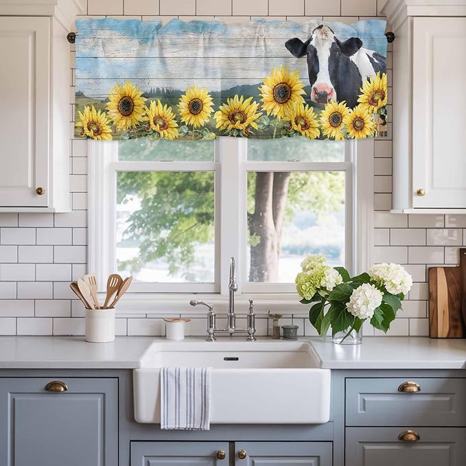 Cow Sunflowers Curtain Valances