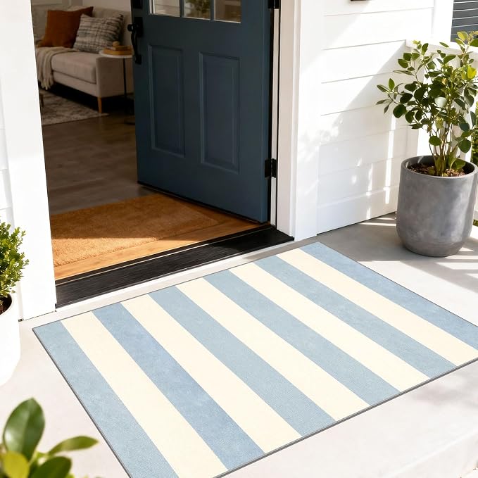 Blue White Striped Outdoor Rug