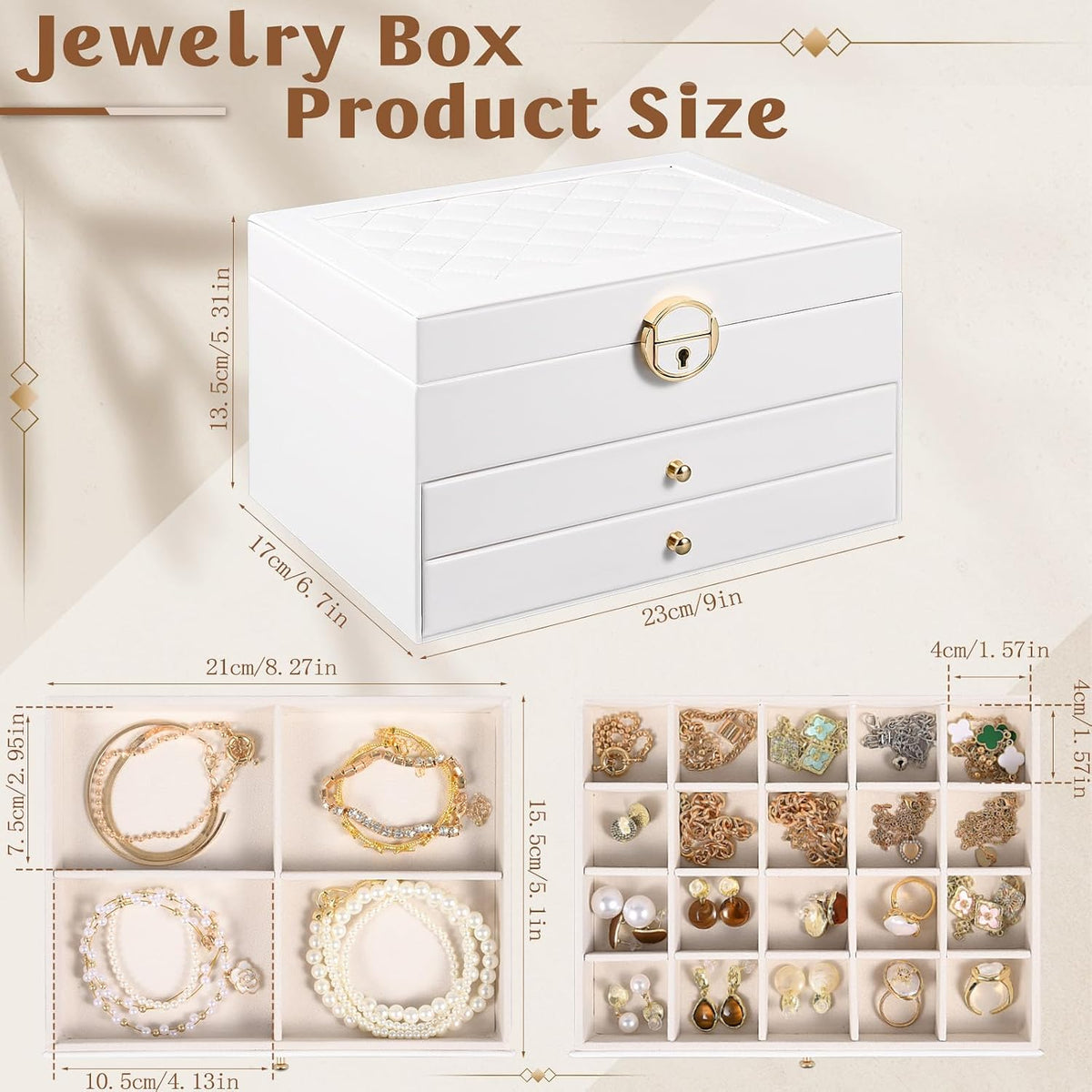 3 Layer Jewelry Boxes for Women with Mirror Large Jewelry Organizer Box with 2 Jewelry Organizer Drawer PU Lockable Elegant Unique Gifts for Women, White