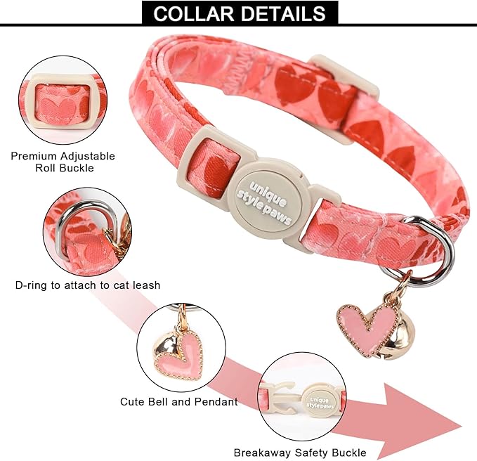 Unique style paws 2 Pack Valentine's Kitten Collar Breakaway with Bell&Pendant, Adjustable Safety Red Lip Rainbow Cat Cotton Collar for Girl Boy Cat and Small Pet