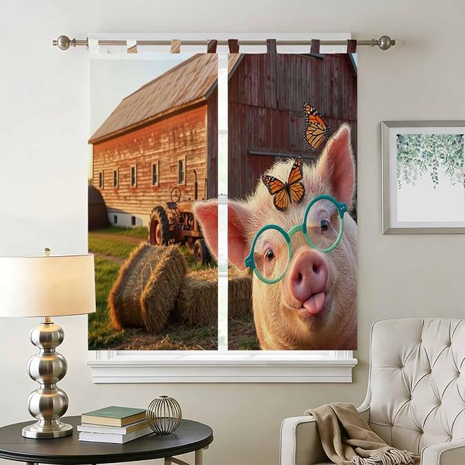 Farm Pig Bathroom Curtains 63 Inch Length, Window Curtains Tab Top, Farmhouse
