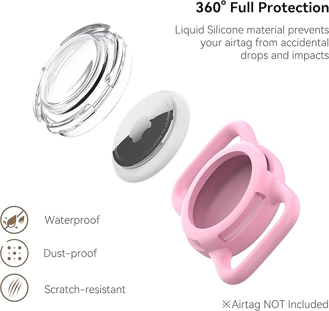 Waterproof Airtag Holder for Dog Collar, Soft Full-Body Protective Airtag Holder for Dog & Cat Collars, Ultra-Durable, Easy Installation, Lightweight Clear Airtag Case (Pink, Regular)