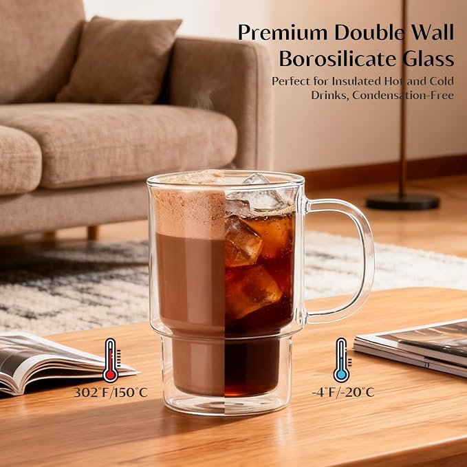 INSETLAN 16oz Double Wall Glass Coffee Mugs Set of 2, Insulated Borosilicate