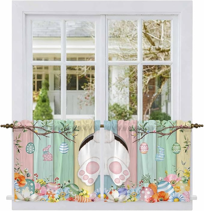Easter Kitchen Tier Curtains 24 Inch Long 2 Panel Set, Rod Pocket Cafe Small