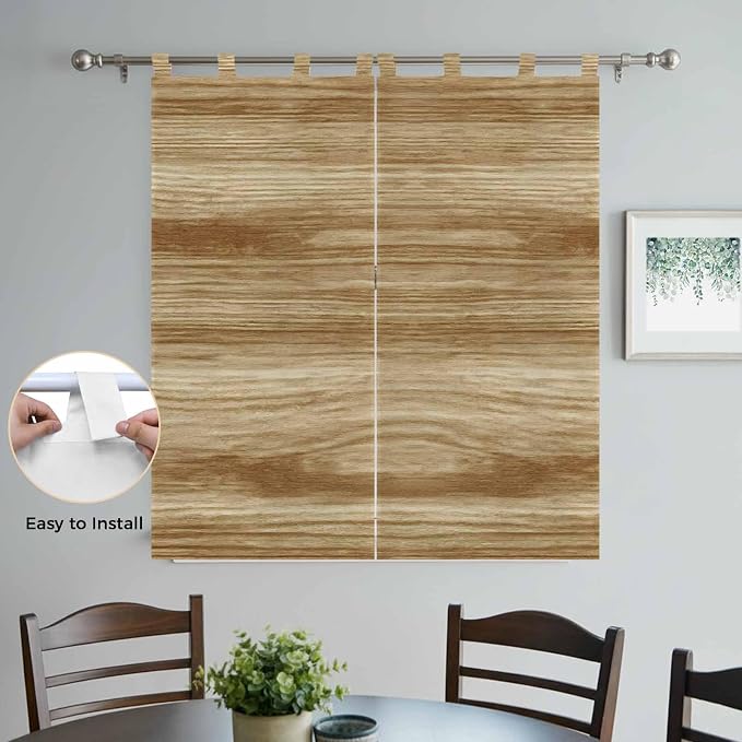 Light Brown Wood Grain Bathroom Curtains 63 Inch Length, Window Curtains Tab Top