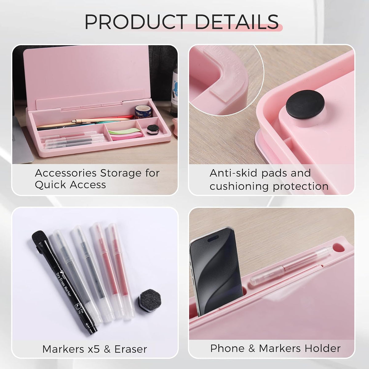 TOWON Compact Glass Desktop Whiteboard with Storage 12x7 in, Pink