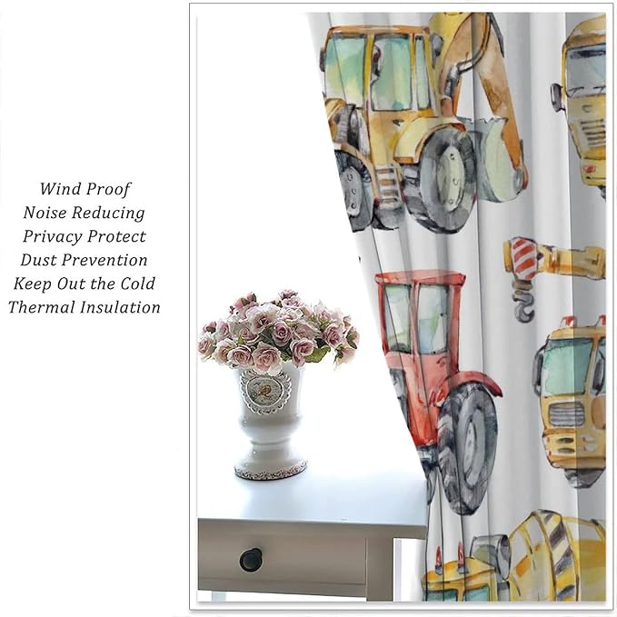 Kids Excavator Curtains, Retro Truck Tractor Machinery Construction Vehicle
